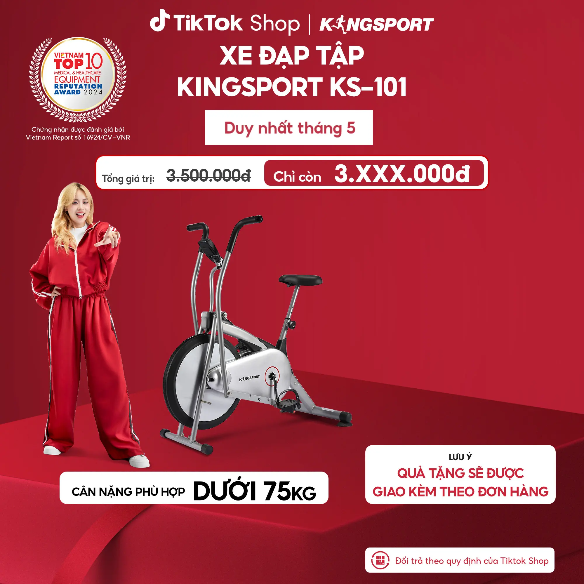 LIVESTREAM| Xe đạp tập KINGSPORT KS-101 tập luyện toàn thân, tích hợp đồng hồ đo lường chỉ số, cân nặng phù hợp từ dưới 75KG