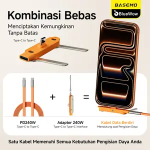 BlueWow ＆ Basemo Kabel 240W SuperCharge 2-in-1 Bisa Putar 360° Stand Tersembunyi, Type-C Zinc Alloy Silicone, Support Apple & Samsung, Cocok Gaming/Kantor/Mobil | Single/Set