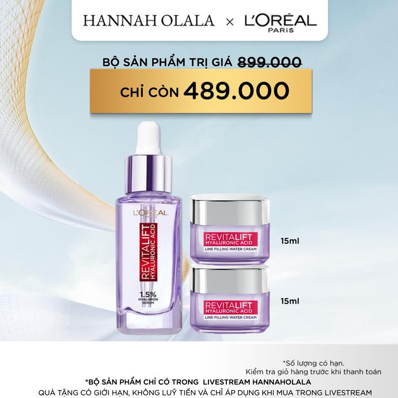 LOREAL x Hannah - Bộ Serum dưỡng cấp ẩm, căng mướt da Revitalift 1.5% Hyaluronic Acid L'oreal Paris Serum 30ml và 2 kem dưỡng Hyaluronic Acid (15mlx2)