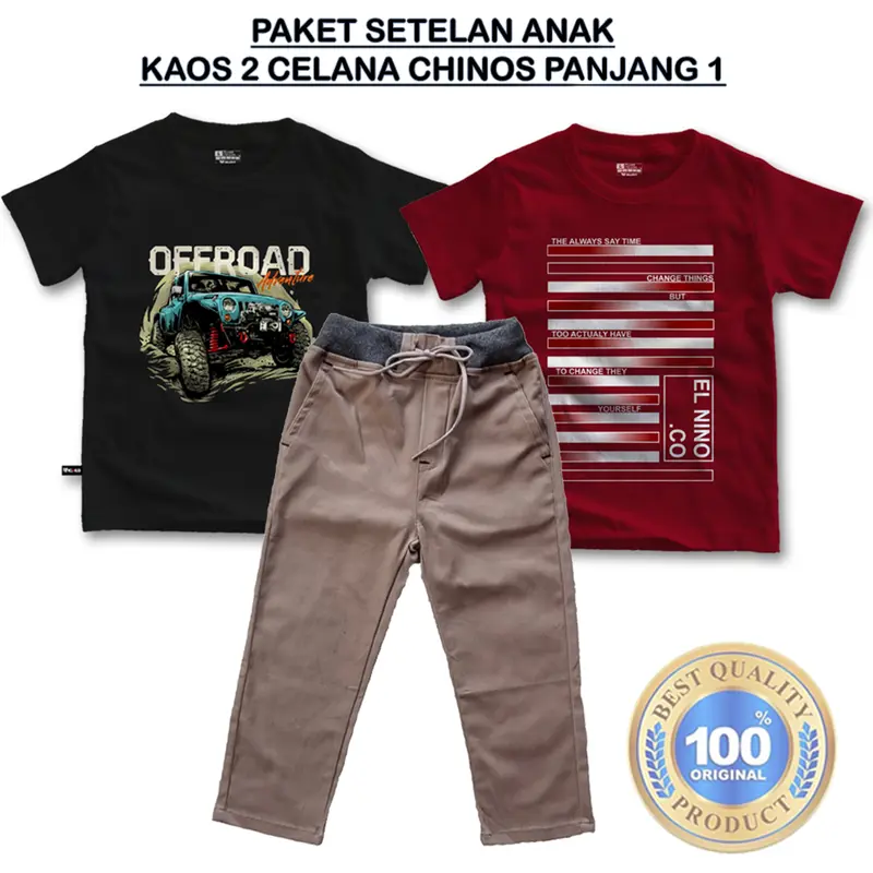 Paket setelan anak laki laki 2 kaos 1 celana Chino panjang usia 3,5-14 tahun bahan premium Kids 6