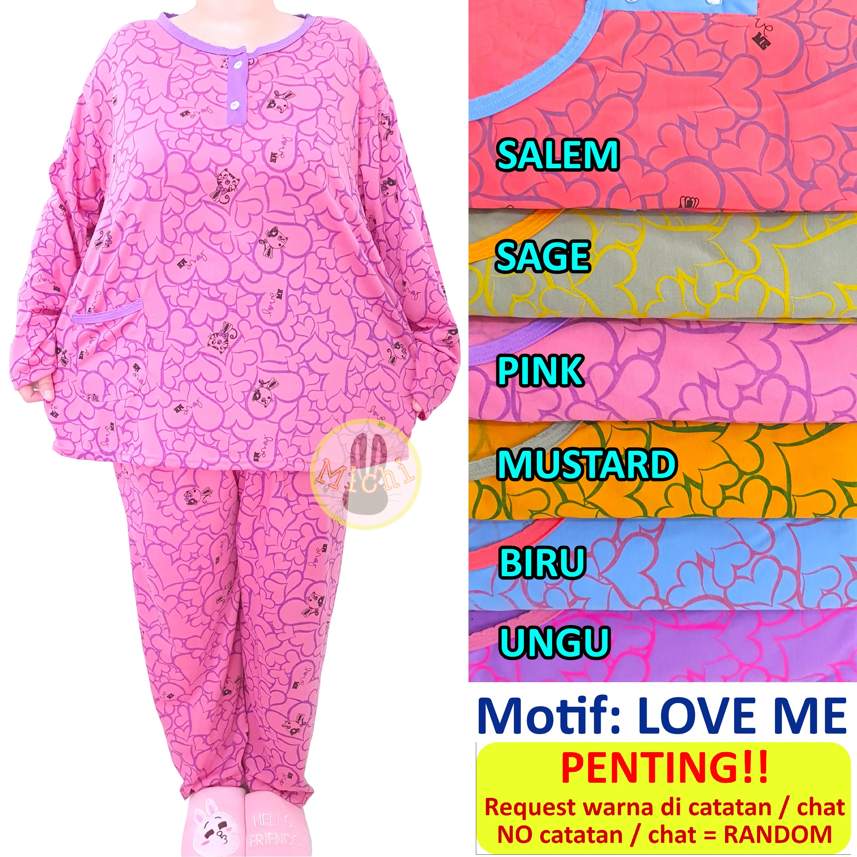 Baju tidur dewasa PP super jumbo XXXL bahan kaos Setelan  Wanita  Celana  Panjang Tangan panjang Piyama Motif
