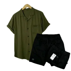 ONE SET SETELAN Kemeja Polos Pendek Hawai Dan Celana Boardshort Hitam Premium Keren Atasan Pria Casual