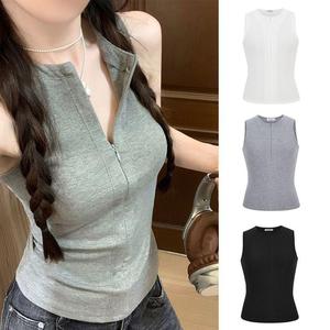 เสื้อกั๊กแขนกุด สไตล์เกาหลี ดีไซน์เฉพาะ มีซิปครึ่งตัว แจ๊กเก็ตเรียบหรู รัดเอว เสื้อกระชับสัดส่วน มูซควีน