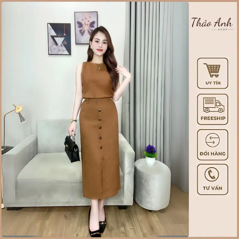Set bộ nữ áo sát nách, chân váy dài, chất liệu xước Thái, Mã B21