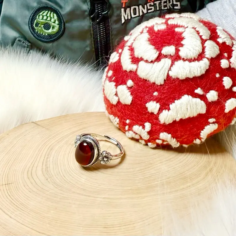 Adjustable Blood Amber Aged Silver Ring
