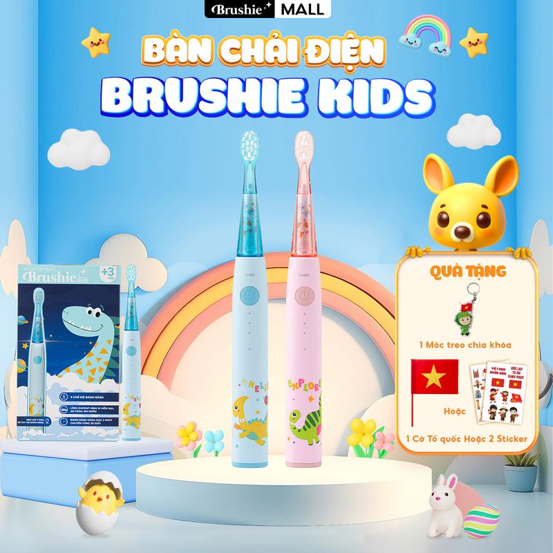 [PHIÊN BẢN NÂNG CẤP] Bàn chải điện trẻ em Brushie Kids đầu lông bàn chải mềm mại an toàn cho bé - TẶNG 1 MÓC KHÓA + 2 STICKER/ CỜ TỔ QUỐC