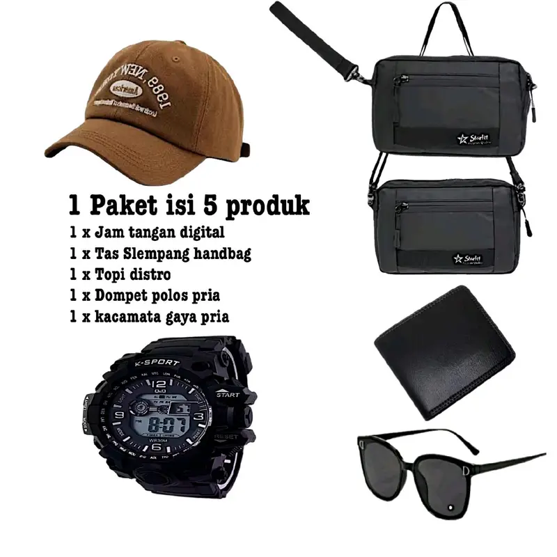 Paket 5 produk isi handbag Cakep Topi Stylish Dompet Keren Jam Tangan Oke dan Kacamata Trendi Pria Elegan Watches Karet 3