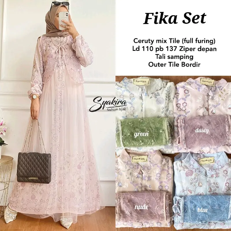 Fika set ceruty mix tille full furing gamis outer tille bordir gamis lebaran terbaru wanita  Muslim 0