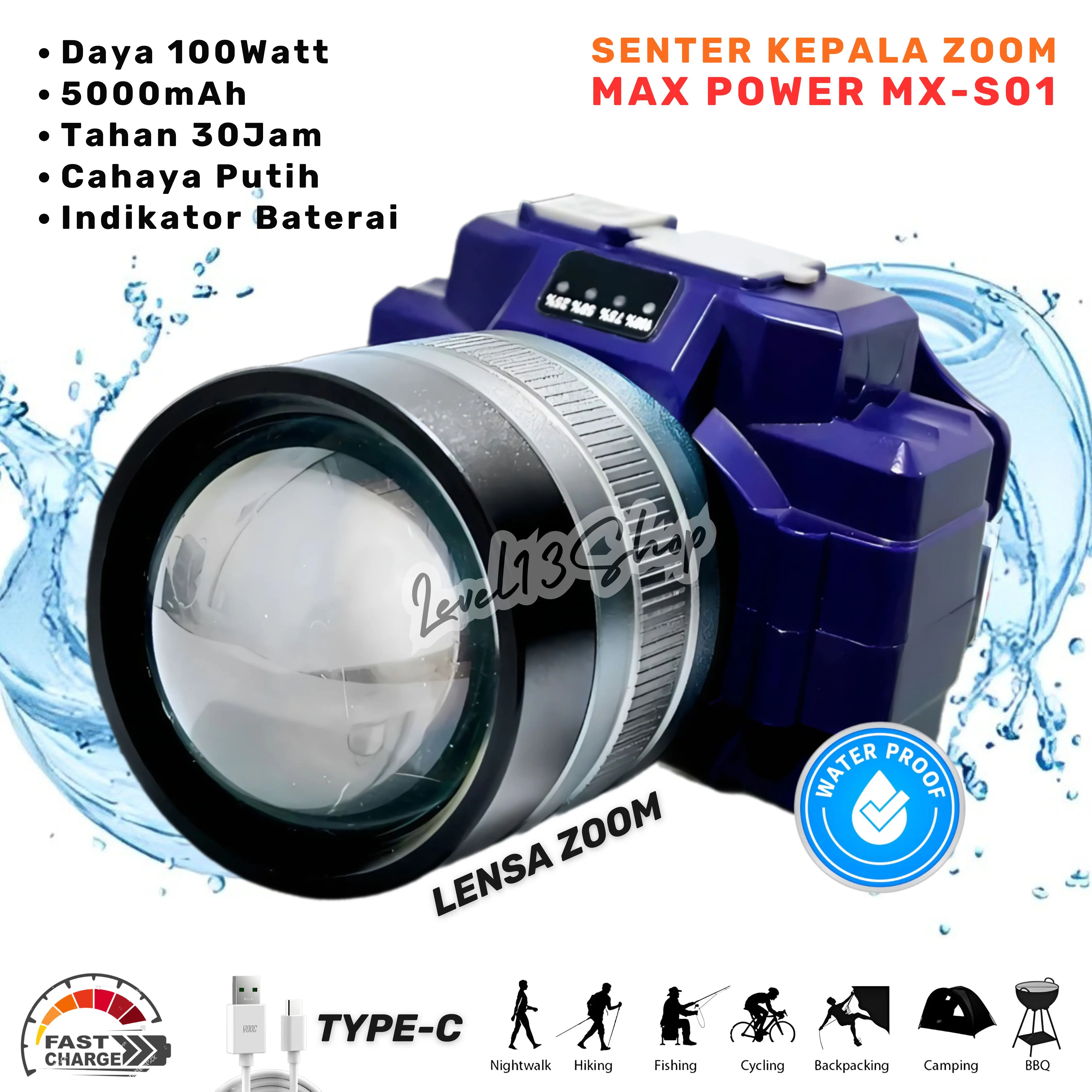 Senter Kepala Zoom 100Watt Max Power MX-S01 LED senter Cahaya Putih super terang | Headlamp Laser Rechargeable 3 Mode 5000mAh Tahan Hingga 30Jam