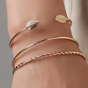 3Pcs / Set Gelang Vintage Simple Elegan Motif Daun Ulir Simple Anggun Aksesoris Fashion Korea GS001