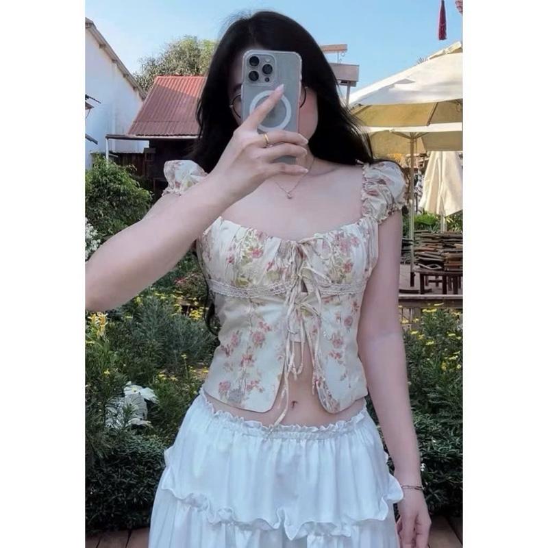 Mèo Mỡ Bigsize — Áo kiểu hoa nhí croptop cúp ngực đan dây nơ bigsize 60-90kg