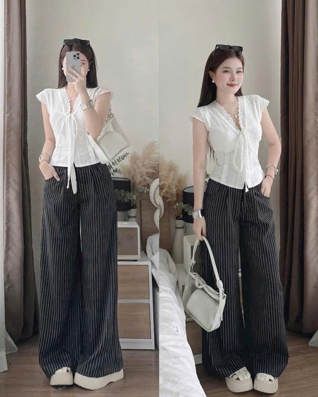 sét đồ nữ áo ren thiết kế cổ V dây nơ kèm quần kaki sọc dài fom rộng xinh xắn cho các nàng diện đi chơi