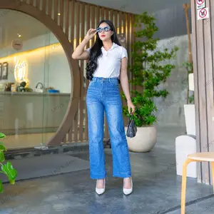 LJ - Celana Jeans Wanita Lipat Lebar Celana Highwaist Nyaman Jeans Baggy Stretch Celana Panjang Wanita