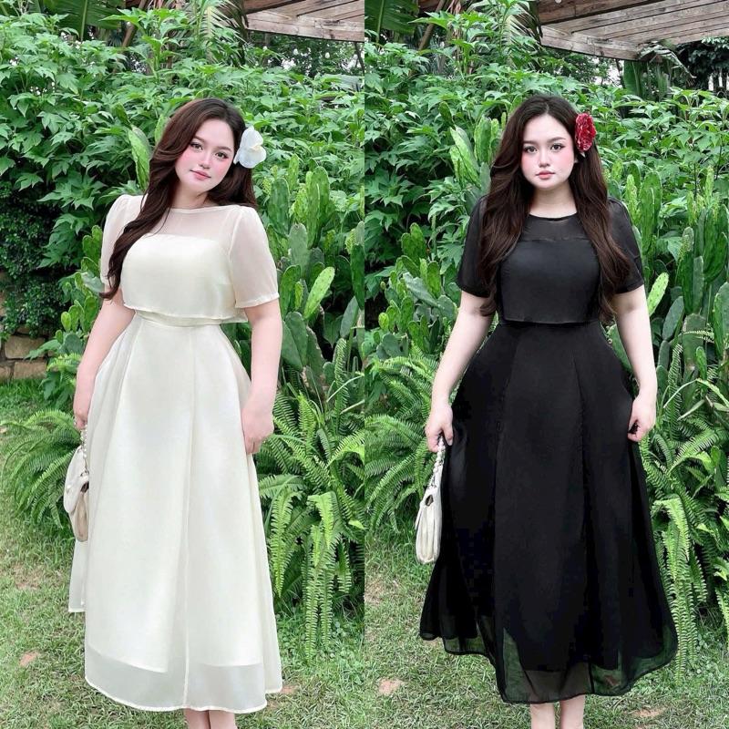 ANiE Bigsize Set Đầm Tiệc 2 Dây Kèm Áo Khoác Voan từ 60 đến 90ký Chất Vải Tafta Phối Voan Đen Kem Để Đi Tiệc Hoặc Đi Chơi