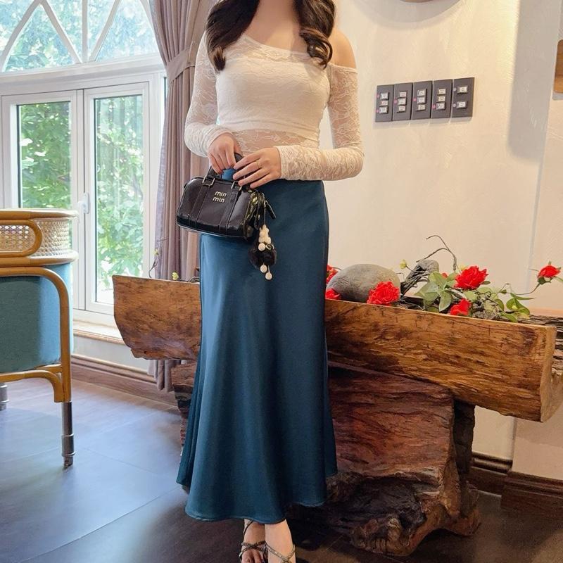  chân váy lụa dáng đuôi cá dài 100cm  có bigsize ,váy lụa vân gỗ dày dặn mềm mại rũ    1 lớp   