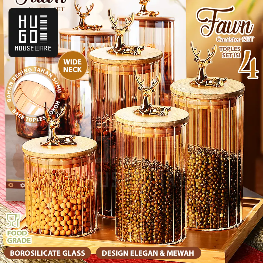 HUGO Toples Rusa Gold Set 4 Pcs Toples Kaca Penyimpanan Makanan Toples Lebaran Toples Kue Toples Deer Kedap Udara Premium Quality