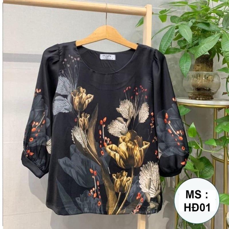 Áo lụa in hoa 3d dành tặng mẹ - ÁO Top Nữ Women Xanh Rêu Kem Voi Sen Jean Sơ Mi Voan