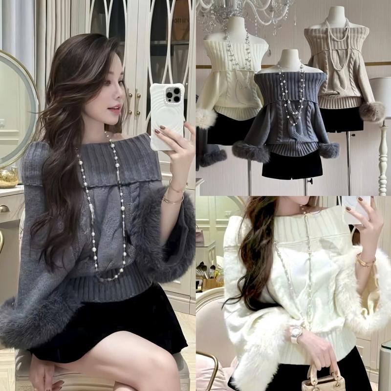  Áo Len Trễ Vai Phối Tay Lông - A756 