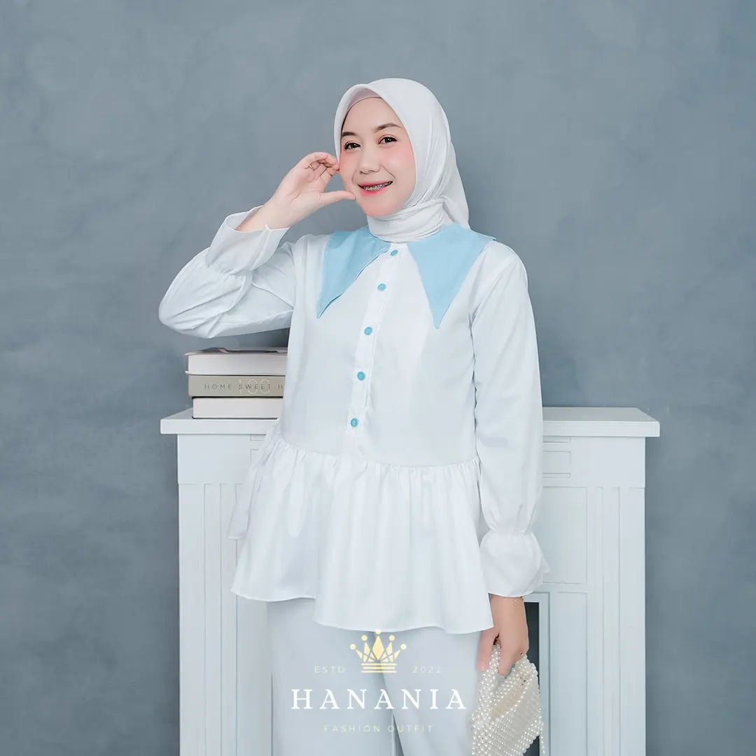 Atasan Aurora Blouse Kemeja Kerah Sailor Wanita - Baju Katun Tangan Kancing Karet