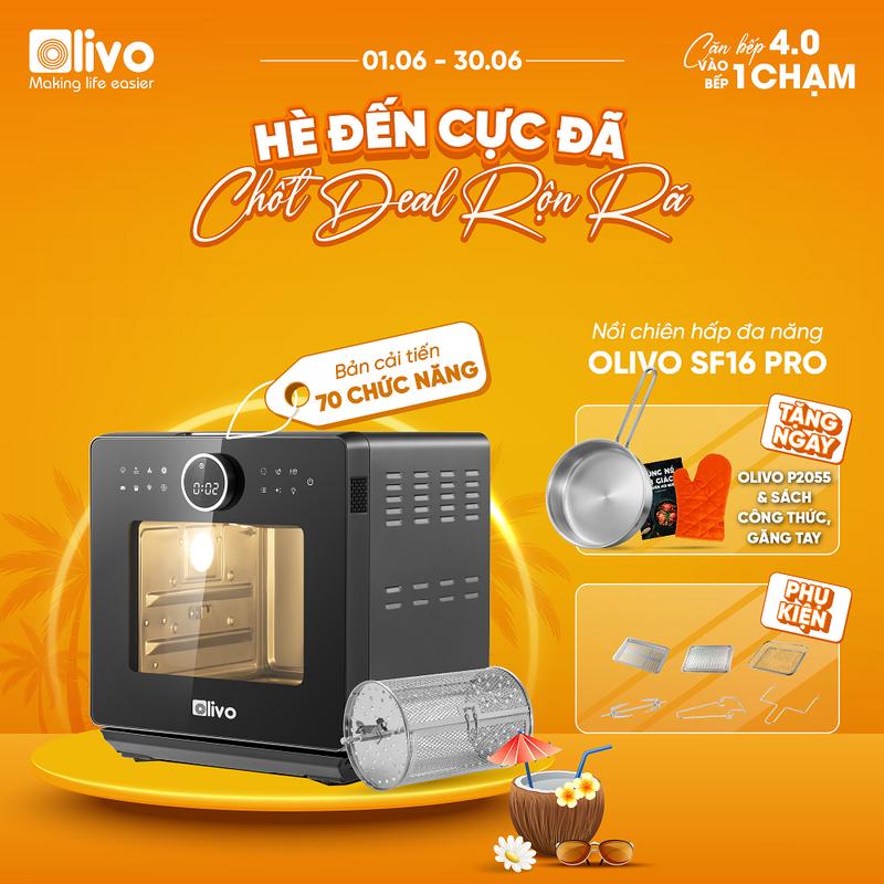 (Tặng Chảo Inox) Nồi Chiên Hấp Đa Năng OLIVO SF16 PRO – Nồi Chiên Hơi Nước 70 Chương Trình Cài Sẵn – Dung Tích 16L – Phụ Kiện Trục Xiên Quay – Công Suất 2800W