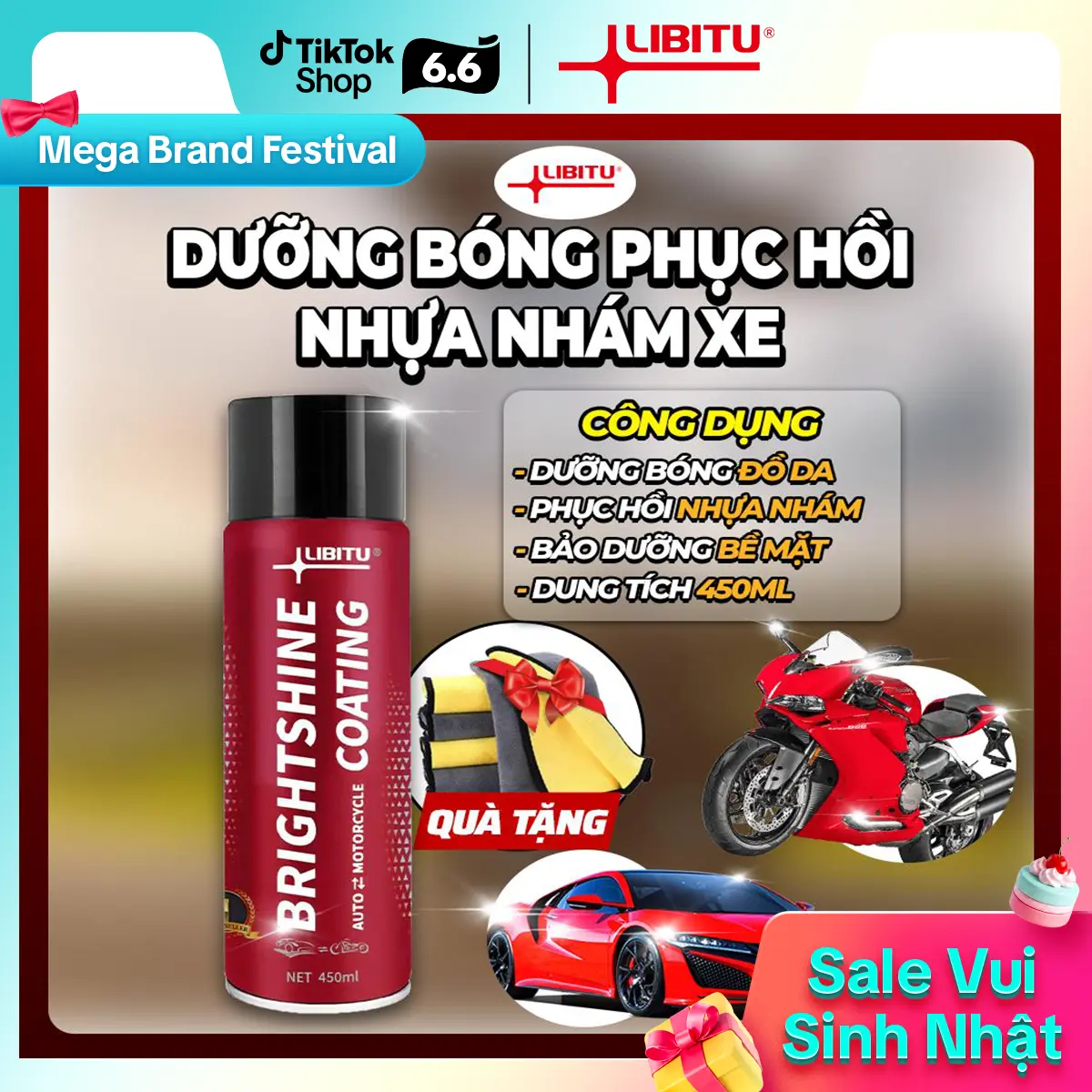 Chai Phục Hồi Nhựa Nhám Xe máy Ô tô LIBITU Chai lớn 450ml Dạng Xịt Dưỡng & Đánh Bóng Nhựa Nhám + Khăn 30x30 vàng