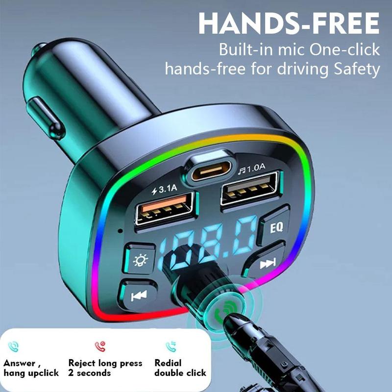 Product Introduction of Bluetooth 5.0 Car Wireless FM Transmitter Adapter 2USB PD Charger Hands-Free With Colorful RGB K5H4 28