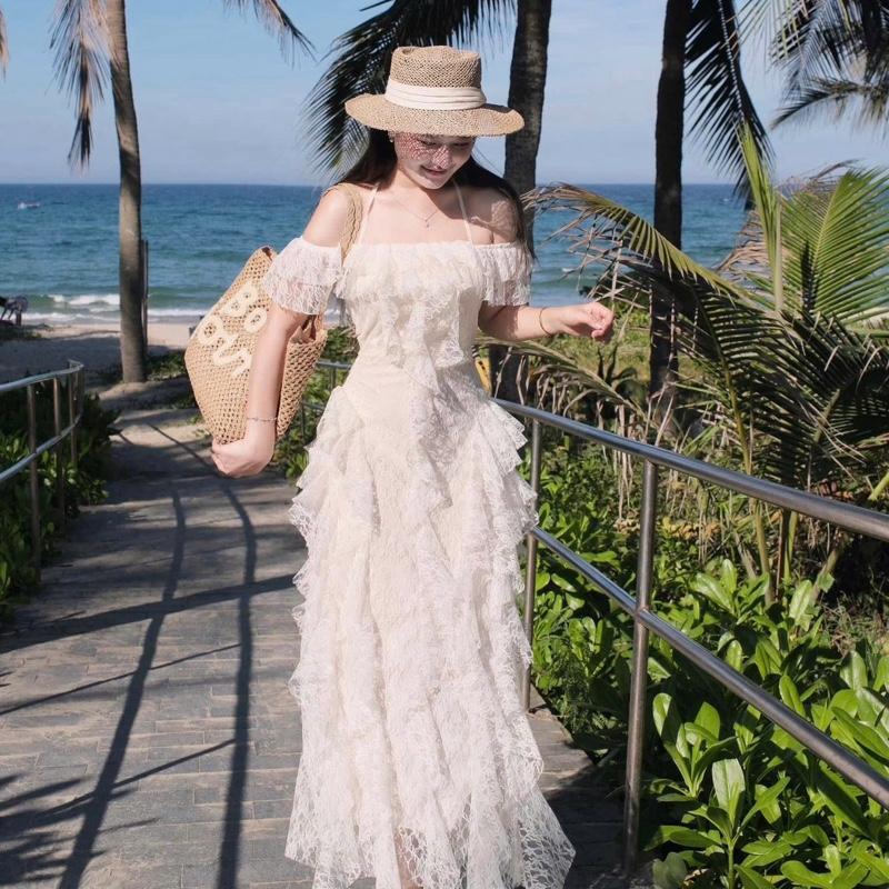 [Bèo Béo Bigsize] Váy Ren Hoa Trễ Vai Cổ Cột Dáng Dài Tua Rua Ren Form Bigsize 60-90Kg