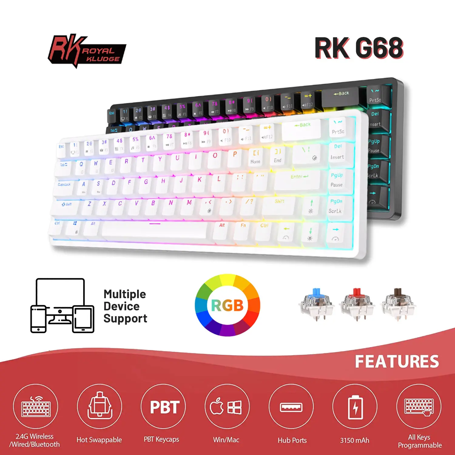 Royal Kludge RK G68 Wireless Mechanical Gaming Keyboard 3 Mode Hotswap Universal Bluetooth