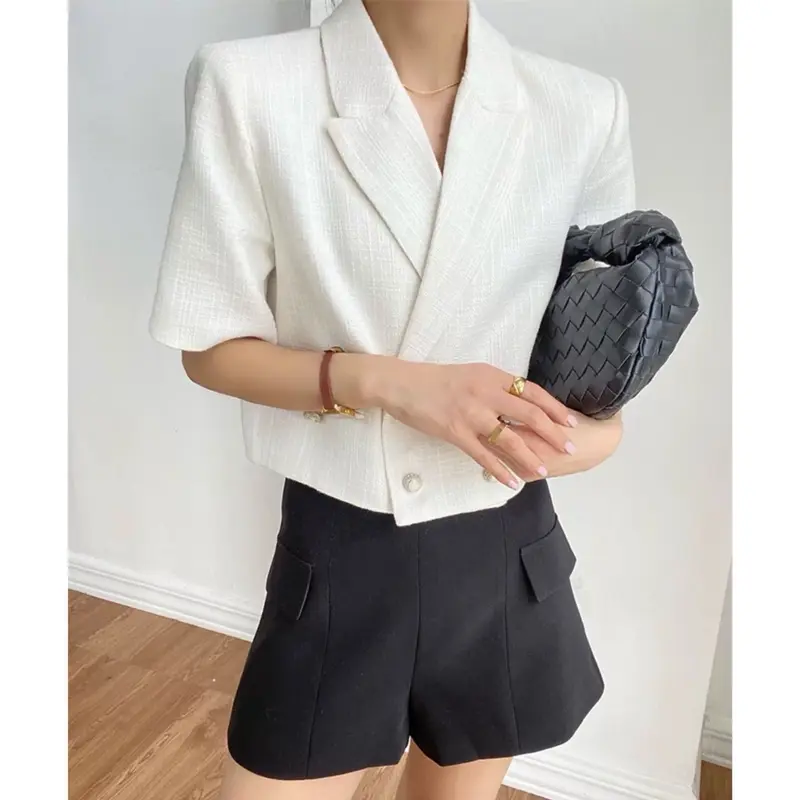 THE0NE Blazer Tweed Tipis Lengan Pendek Model Leher V // Tweed Blazer Top Casual For Daily / 4