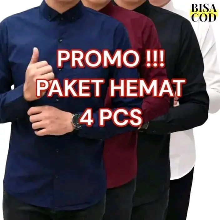 Paket 4 Pcs Kemeja Polos Pria Dewasa Lengan Panjang Slimfit Hitam Distro Kerja Cowok Navy Casual Kancing Kerah Santai Simple Nyaman Standar Variasi Kantor Minimalist