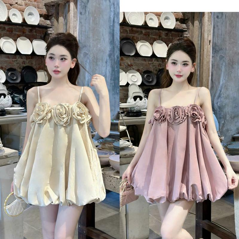 Đầm, váy  babydoll 2 dây đính hoa hồng nổi 3D dáng phồng tiểu thư, Váy đi tiệc chất liệu tafta cao cấp KAZYDRESS_V248