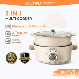 ALLTOU Panci Steamer Multifungsi 5L (Panci 3L + Steamer 2L) Anti Lengket Putih, Pemanas & Pemanggang Serbaguna, Cocok untuk Keluarga 2-6 Orang, Daya 800/1000W, Pengiriman Aman dengan Bubble Wrap