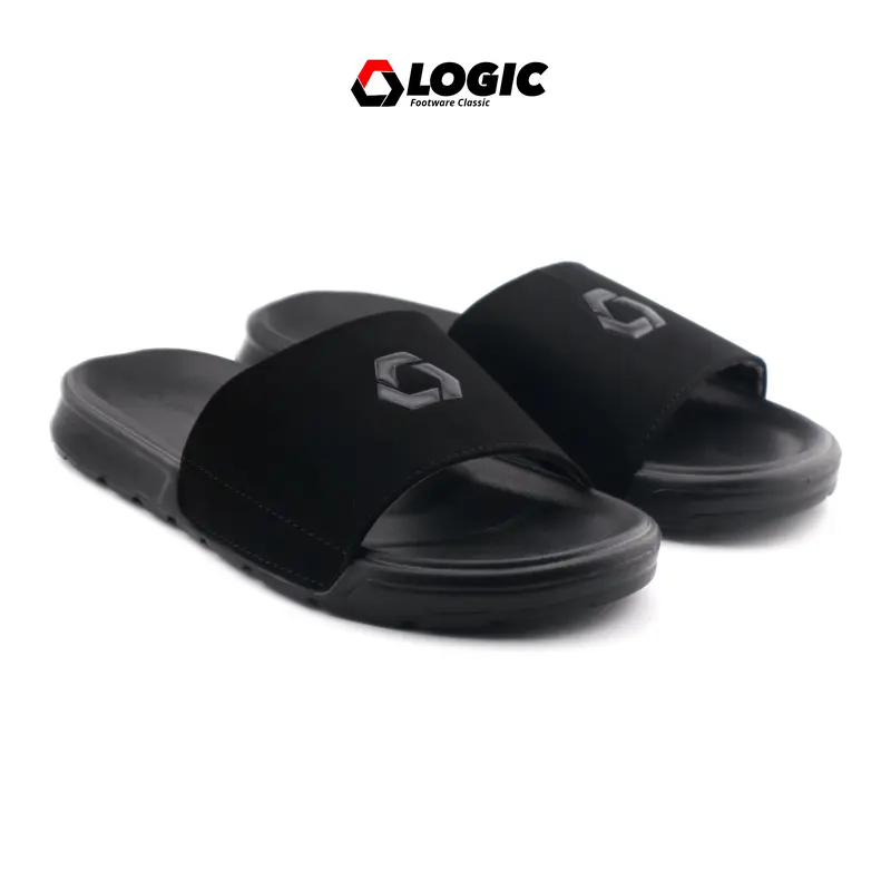 Logic - Sandal Slide On Pria Logo Black Simple Shoes Sendal 0
