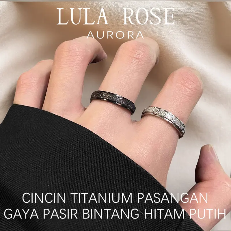 LULA ROSE Cincin Pasir Bintang Hitam Putih | Cincin Couple Titanium Anti Karat