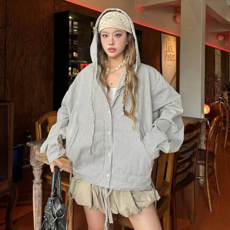 YC1996 - Áo Khoác Vải Bố Sọc Jeans Có Dây Rút Và Thêu Logo 2 Màu Local Brand Unisex