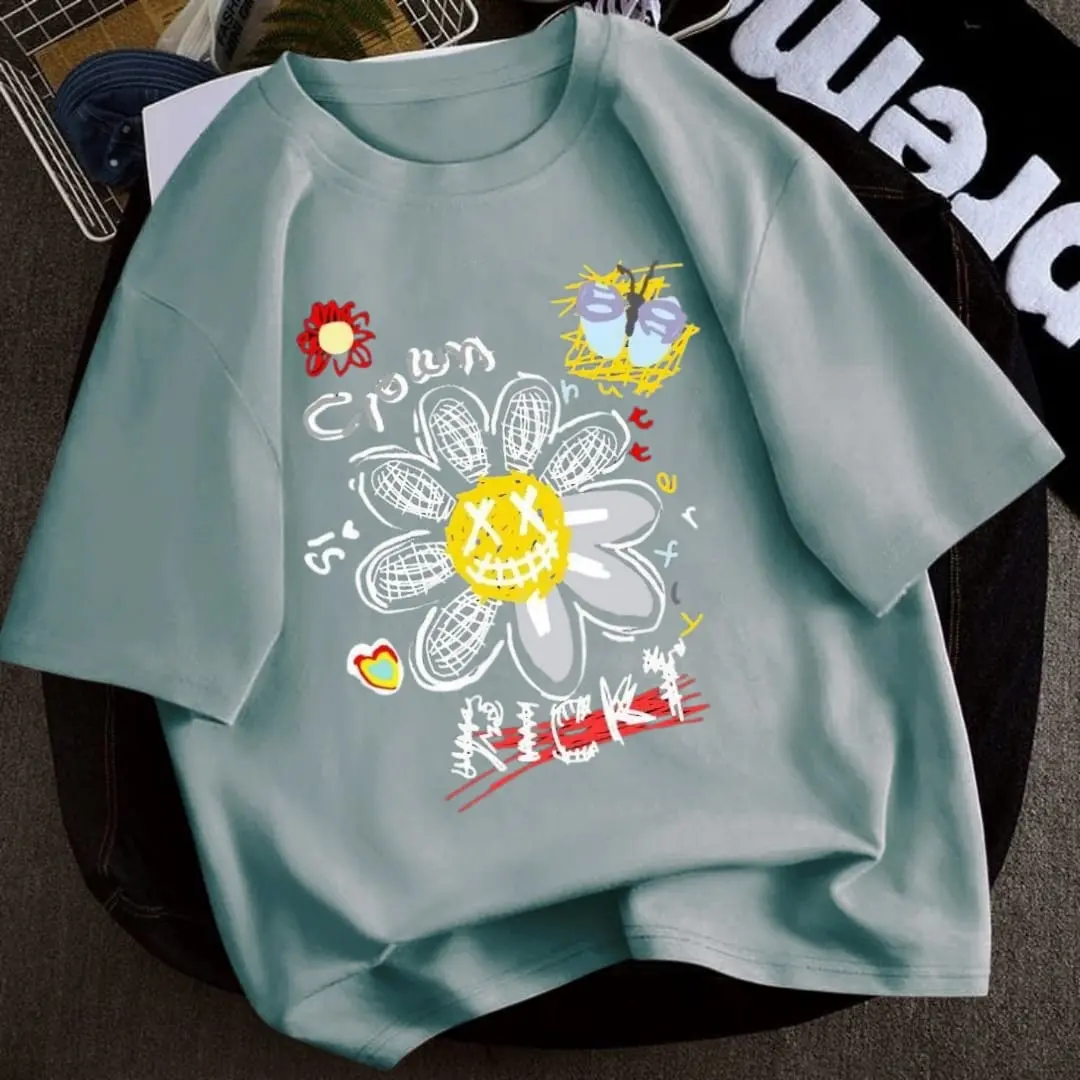 KAOS UNISEX BASIC WANITA BUNGA CROWN OVERSIZE ATASAN TSHIRT DISTRO LENGAN 3/4 GAMBAR DTF