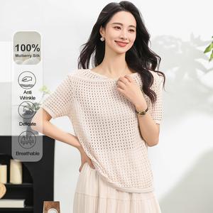 MuMeng [100% Mulberry Silk] Women's Hollow Out Design Shirts Knitted T-Shirt Breathable Anti-wrinkle Delicate Summer Top5567