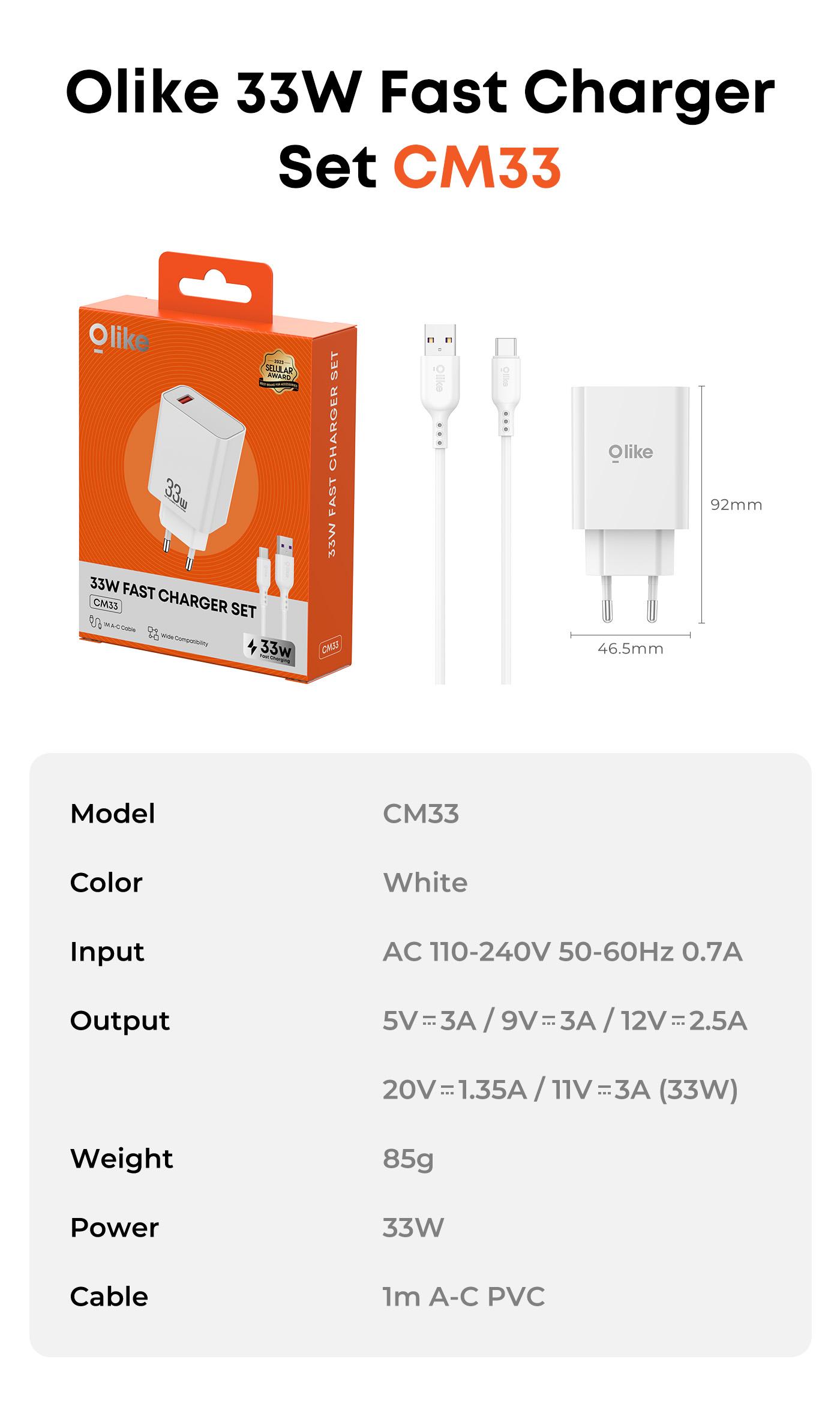 Olike Adaptor Charger 33W Fast Charging untuk Smartphone | Aman & Tahan Panas | Include Kabel Type USB atau C | Garansi 1 Tahun