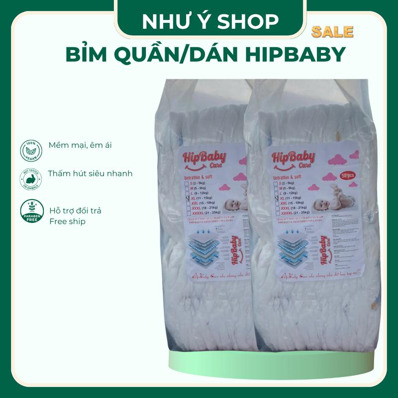Bỉm quần dán HipBaby 100 miếng cho bé form suông size M-3XL hút 500ml nước hàng loại 1