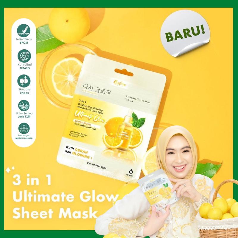 Reglow Sheet Mask 25 g / Masker Wajah 3in1 Ultimate Glow with Jeju Lemon / Mencerahkan Melembabkan Menghilangkan Flek Hitam Muka 1