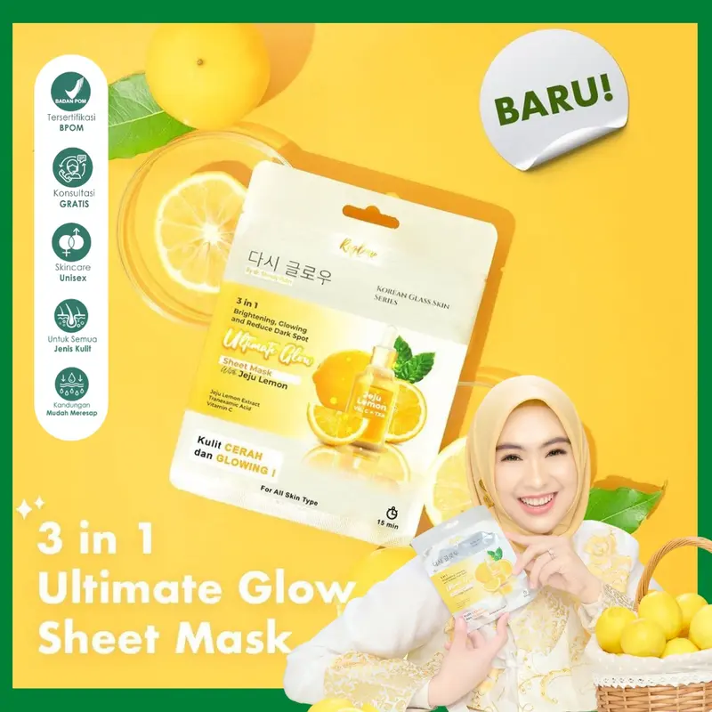 Reglow Sheet Mask 25 g / Masker Wajah 3in1 Ultimate Glow with Jeju Lemon / Mencerahkan Melembabkan Menghilangkan Flek Hitam Muka 1