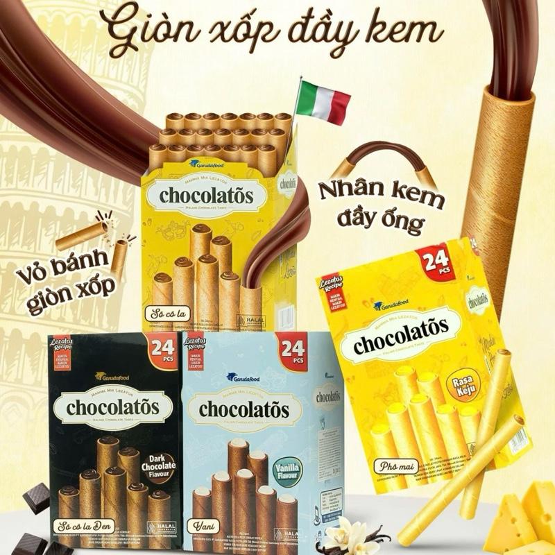 Bánh Cuộn Xốp CHOCOLATOS Garuda 24 Thanh x 336Gr Nhập Khẩu Indonesia Đủ 4 Vị Vani Phô Mai Chocolate Dark Chocolate