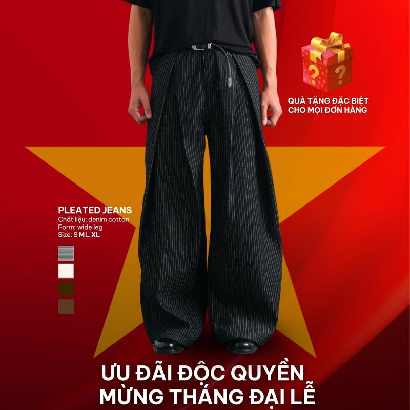[SIÊU SALE 8.8] Quần jeans nam B Brown kẻ sọc li vát chéo ống rộng phủ giày - Striped Wide Leg Jeans B Brown