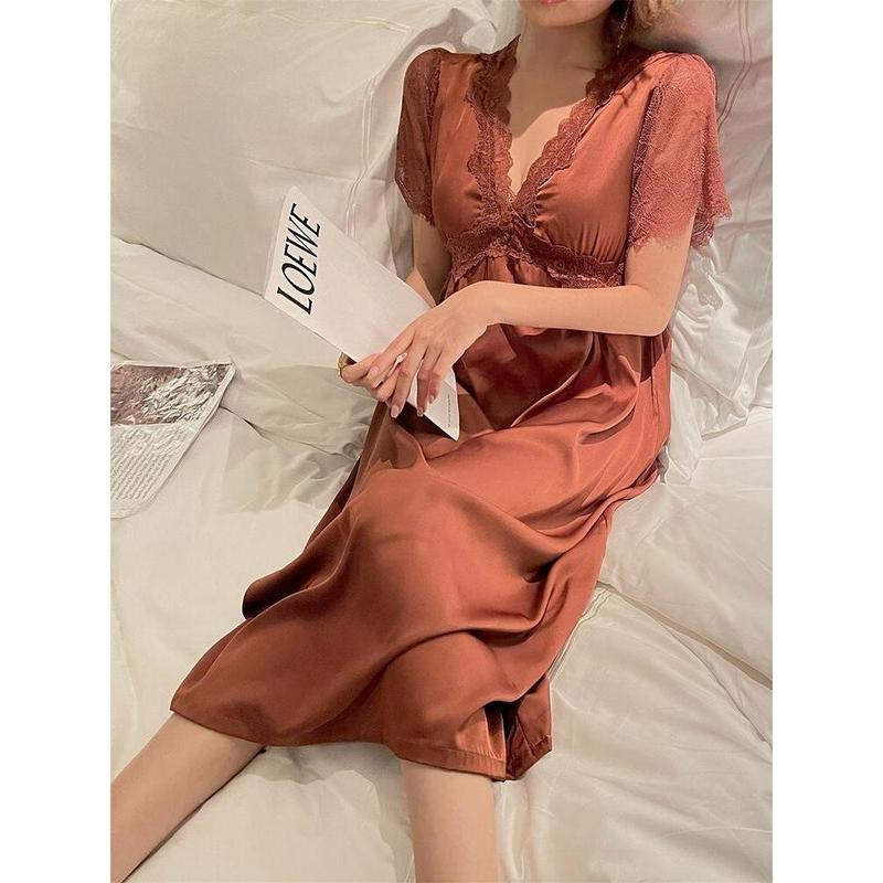 Product Introduction of Váy Ngủ Lụa Lạnh Có Đệm Ngực Cho Nữ, Váy Ngủ Ren Ngắn Tay, Gợi Cảm, Cổ Chữ V, Rỗng 2
