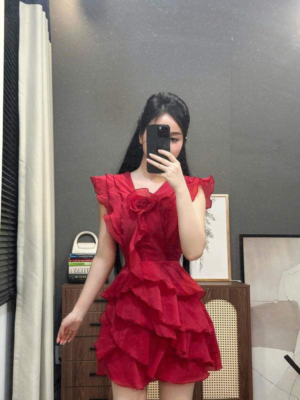 (C36) Đầm thiết kế form xòe vải tơ mềm vai cánh tiên che bắp tay cuộn hoa cách điệu eo tôn dáng đi tiệc đi chơi đều đẹp áo kiểu che mỡ bụng by Thương Lê C36