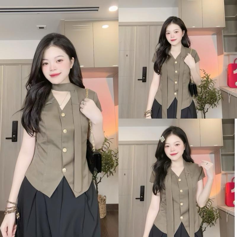 [Xả Kho] Áo Kiểu Cổ V Cúc Đồng Kèm Dây Chất Xước Thái Hàng Thiết Kế”CHALI TOP” siêu sang-Dành Cho Nữ