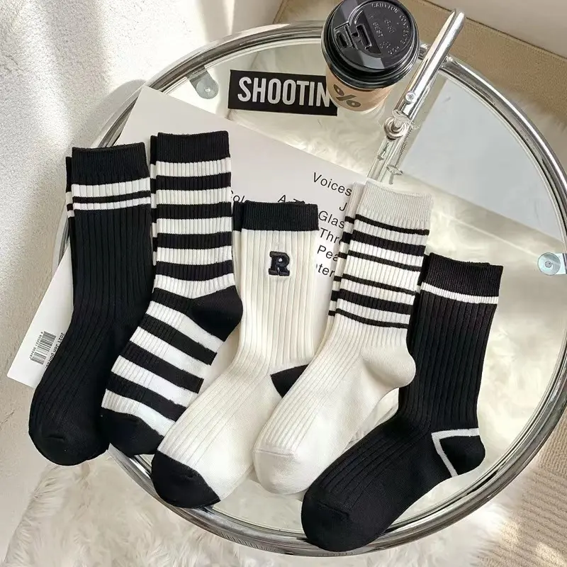 Black and White Striped Mid-calf Socks Pure Cotton Simple Sports Socks