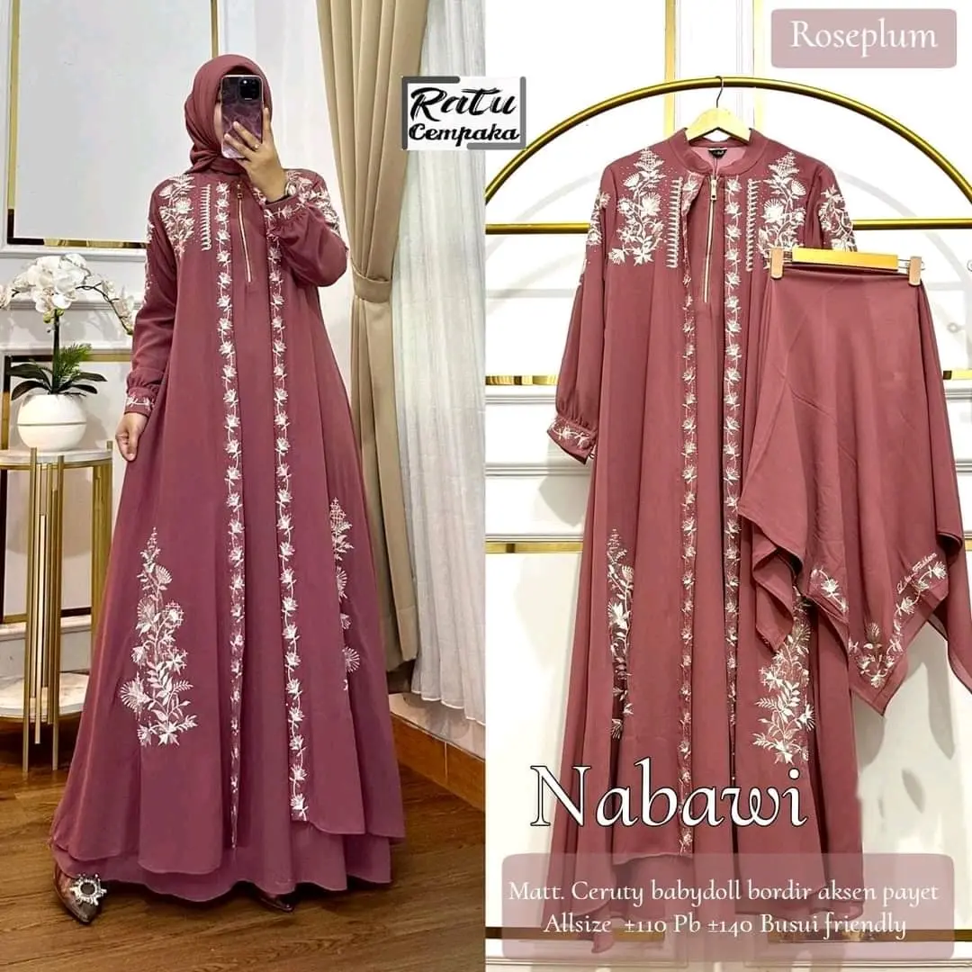 gamis fatimah set hijab                                              mat/ ceruti premium                                       motif bordir mute sorosci                                  ukuran olses