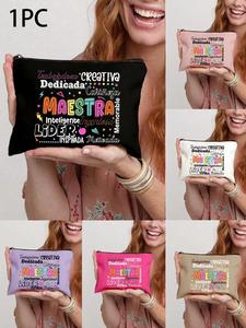 Neceser cosmético multicolor con impresión de letras “Maestra”, bolsa de almacenamiento de gran capacidad, diseño divertido de dibujos animados, regalo para viajes, ideal para uso diario