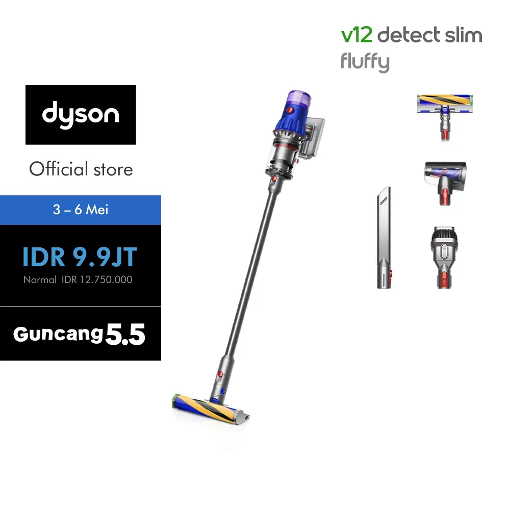 Dyson V12 Detect Slim Fluffy Cordless Vacuum Cleaner (Blue/Nickel) - Penyedot Debu